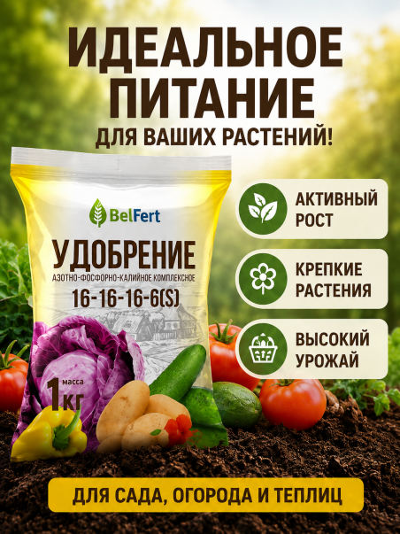 Удобрение NPK 16-16-16+6S комплексное гранулированное 1 кг - 183414